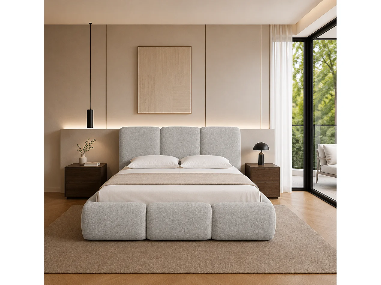 FURNISTAR Lit rembourré BOVA 200x200 cm avec coffre de rangement|Sommier à lattes|Lit double|Aspect lit boxspring-Beige
