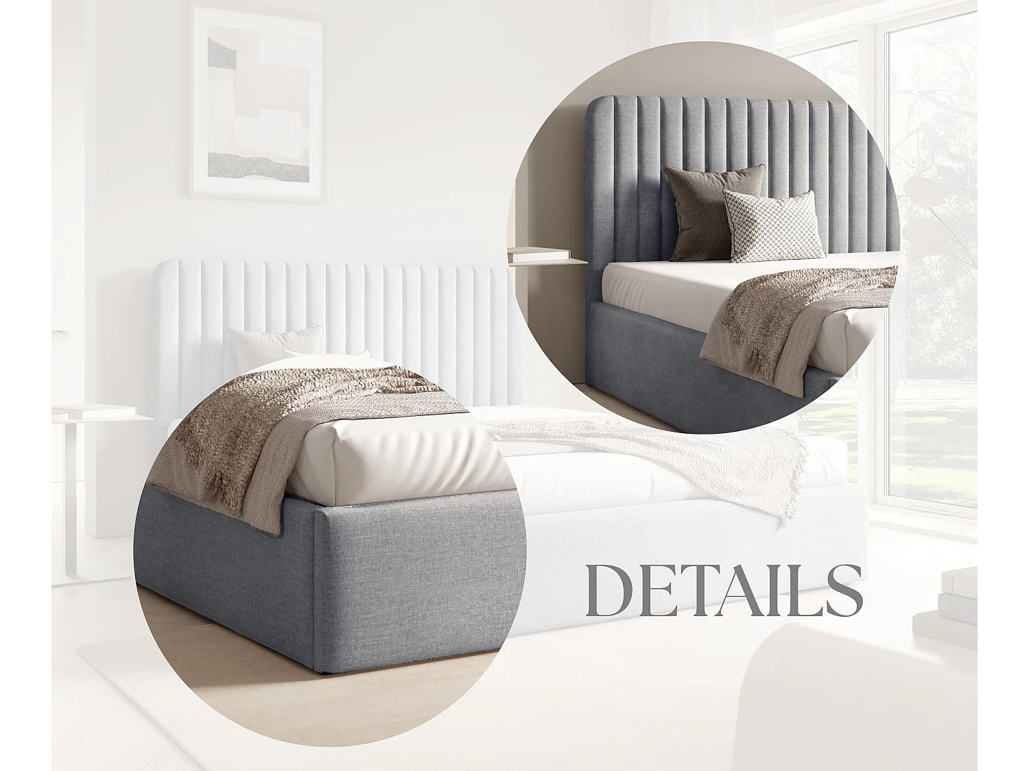 FURNISTAR Lit rembourré BEA II avec coffre de rangement |Lit double avec rangement|Sommier à lattes|Aspect lit boxspring|sans matelas - Gris clair