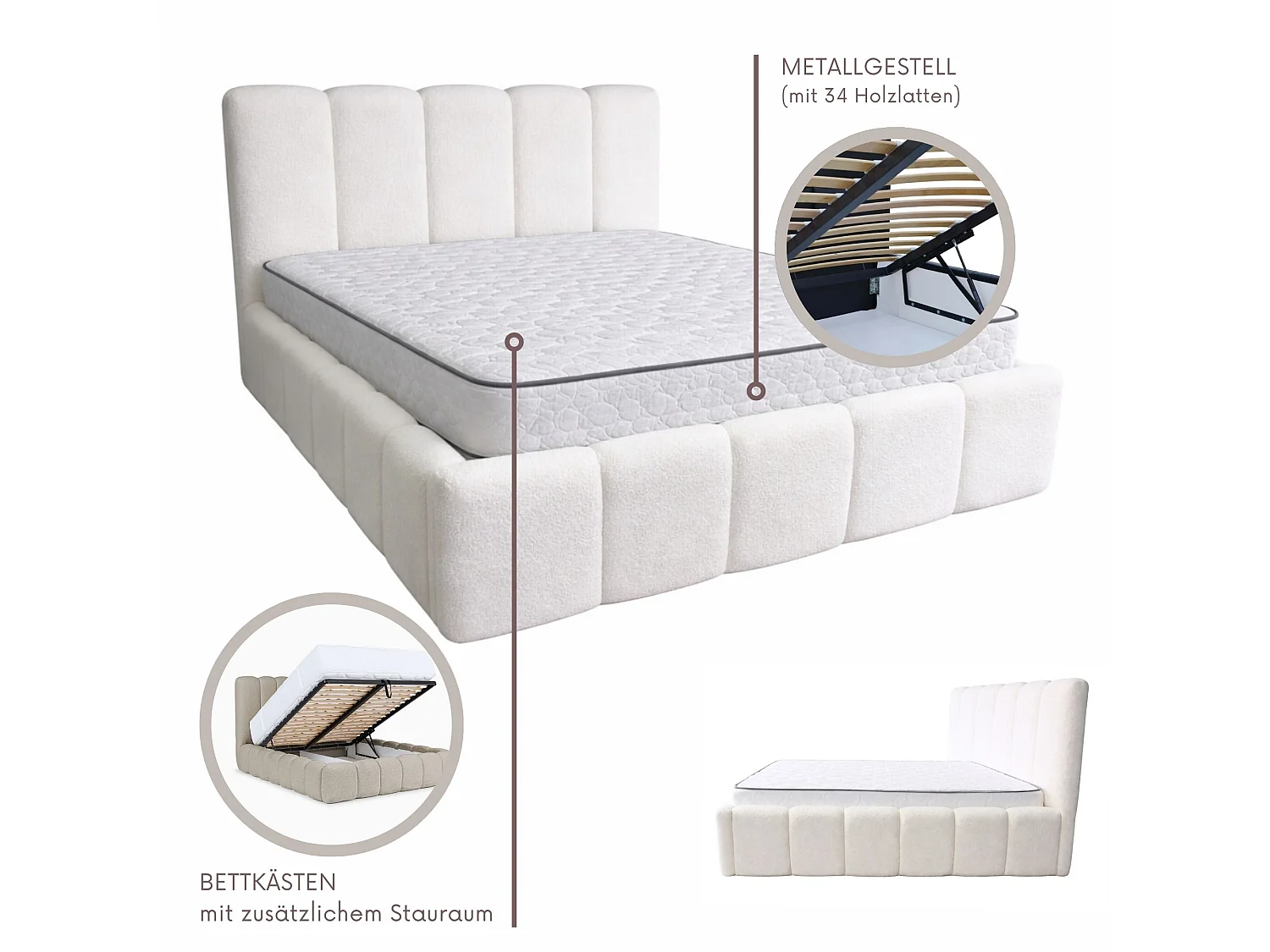 Lit rembourré CLOUDY avec coffre de rangement 160x200|Lit double|Sommier à lattes|Aspect lit boxspring|sans matelas|Chambre-Taupe