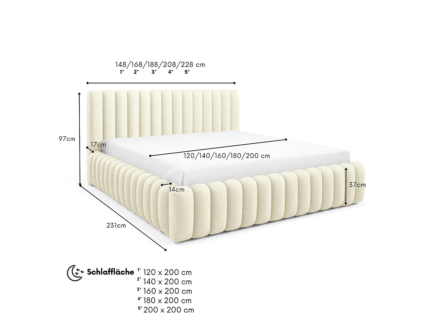 FURNISTAR Lit rembourré BLIVIO 200x200 cm|avec coffre de rangement|Sommier à lattes|Lit double|Aspect lit boxspring-Crème