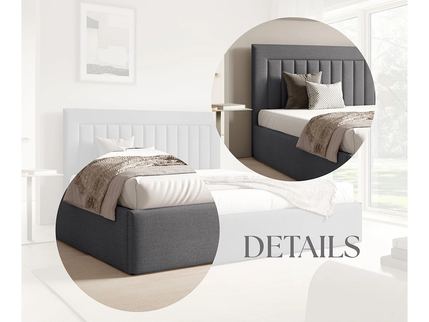 FURNISTAR Gestoffeerd bed BEA I met opbergruimte 160x200 |Tweepersoonsbed met opbergruimte|Lattenbodem|Boxspring-look|zonder matras - Donkergrijs