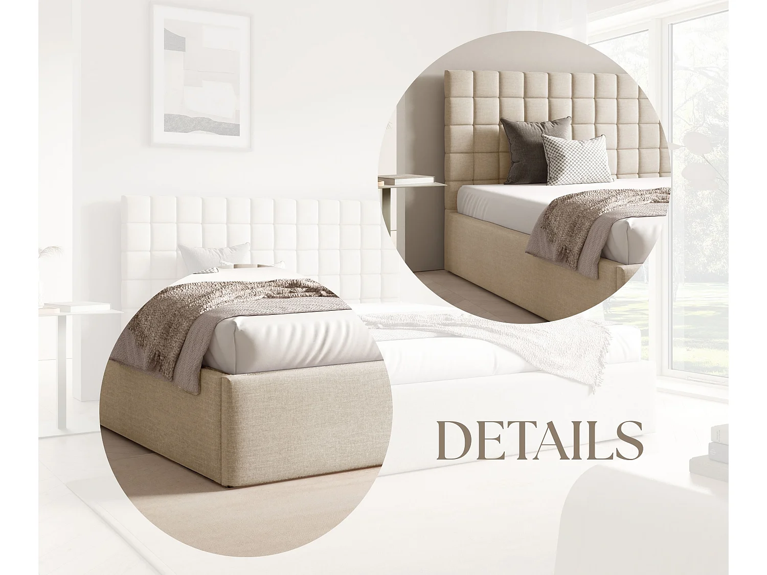 FURNISTAR Lit rembourré BEA III avec coffre de rangement 160x200 |Lit double avec rangement|Sommier à lattes|Aspect lit boxspring|sans matelas - Crème