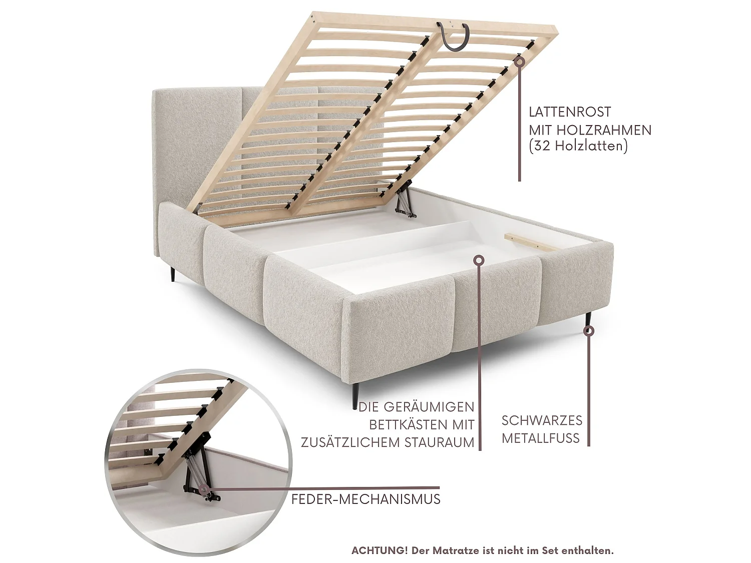 Lit rembourré VALERIO avec pieds et coffre de rangement 180x200|Lit double|Sommier à lattes|Aspect lit boxspring|sans matelas|Chambre-Beige