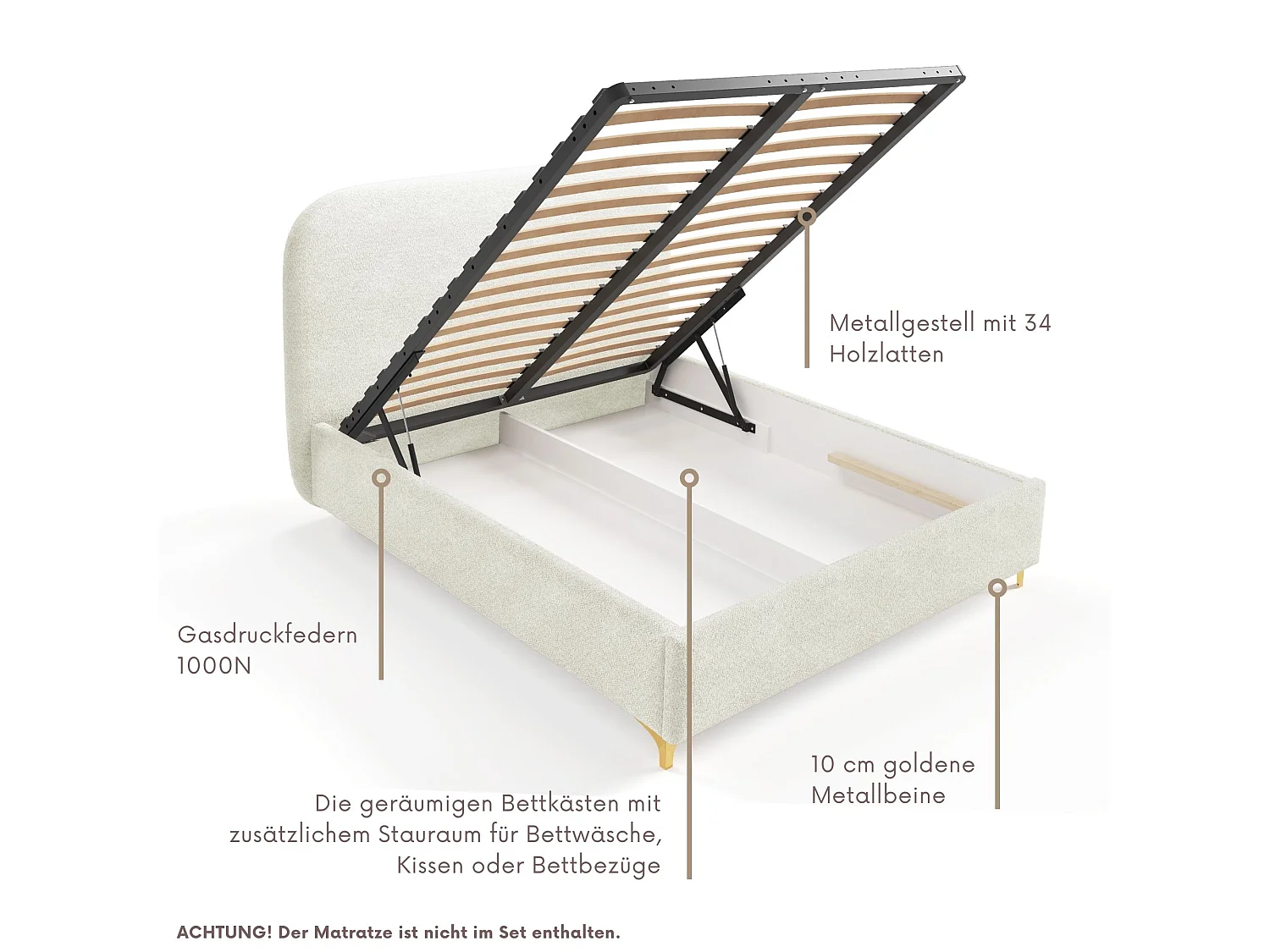 Gestoffeerd bed LANA met opbergruimte 160x200|Tweepersoonsbed|Lattenbodem|Boxspring-look|zonder matras|Slaapkamer-Crème