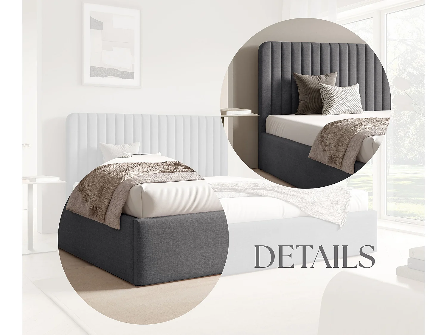 FURNISTAR Lit rembourré BEA II avec coffre de rangement 180x200 |Lit double avec rangement|Sommier à lattes|Aspect lit boxspring|sans matelas - Gris foncé