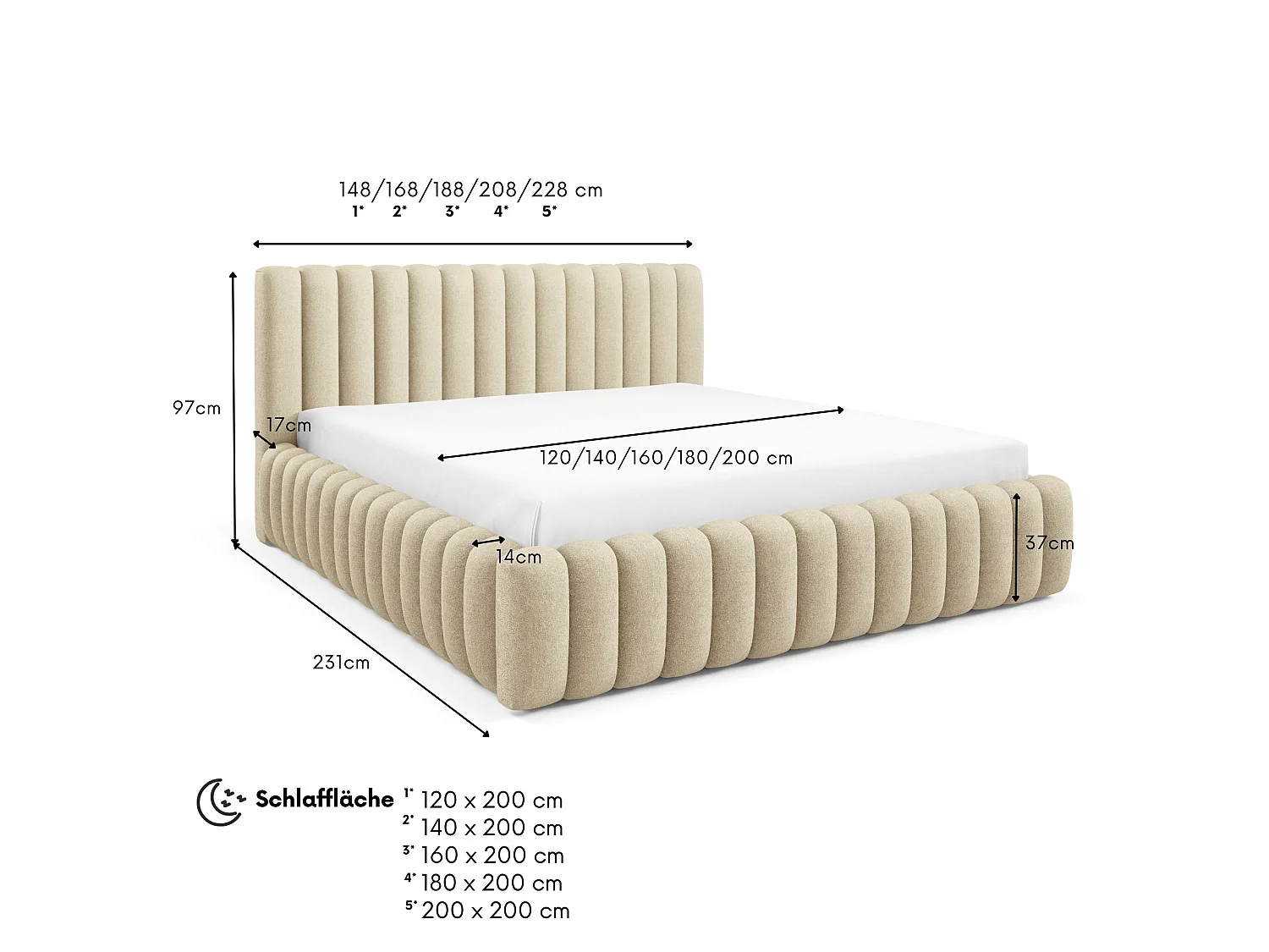 FURNISTAR Gestoffeerd bed BLIVIO 160x200 cm|met opbergruimte|Lattenbodem|Tweepersoonsbed|Boxspring-look-Beige