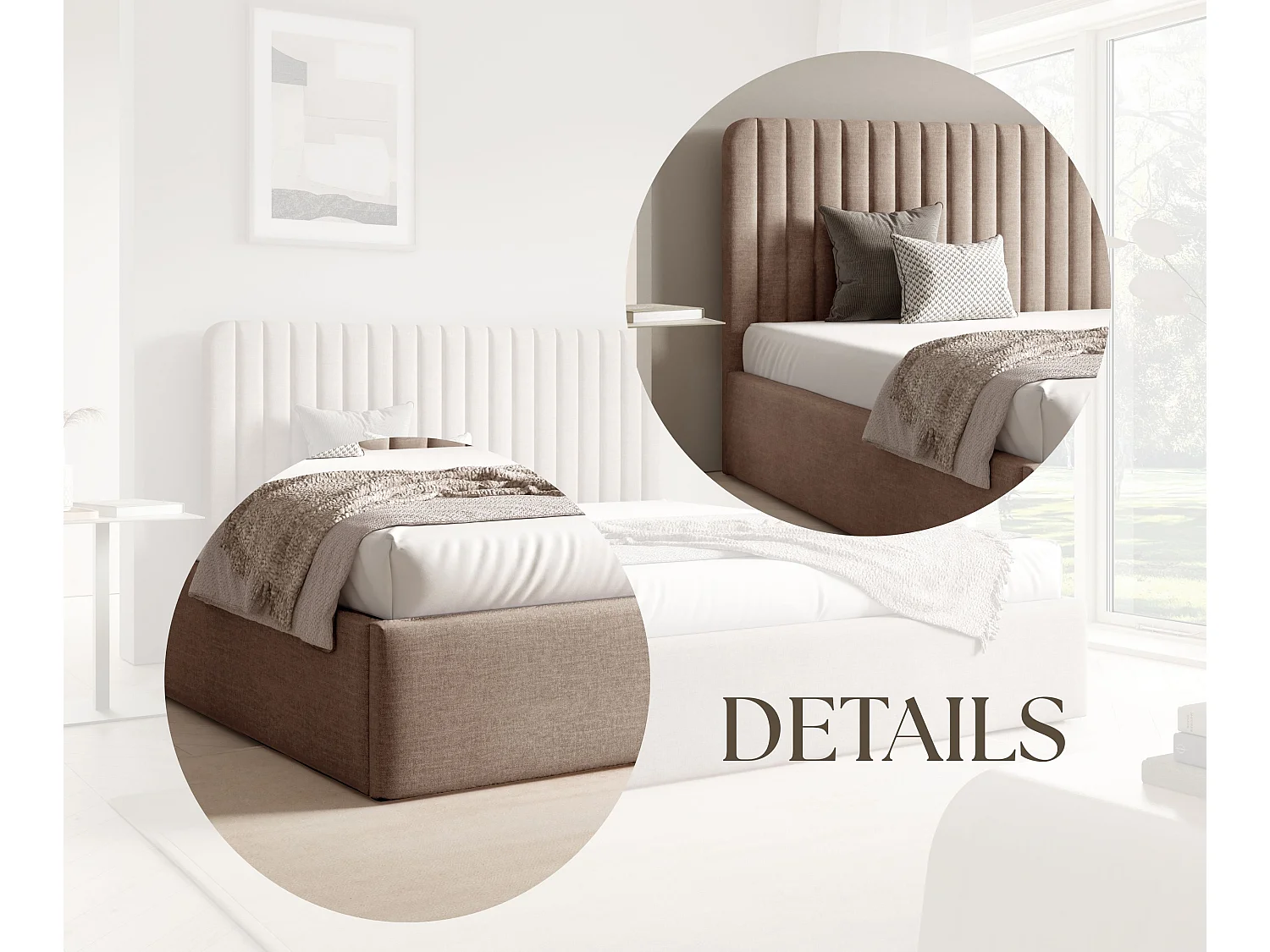 FURNISTAR Lit rembourré BEA II avec coffre de rangement 160x200 |Lit double avec rangement|Sommier à lattes|Aspect lit boxspring|sans matelas - Beige foncé