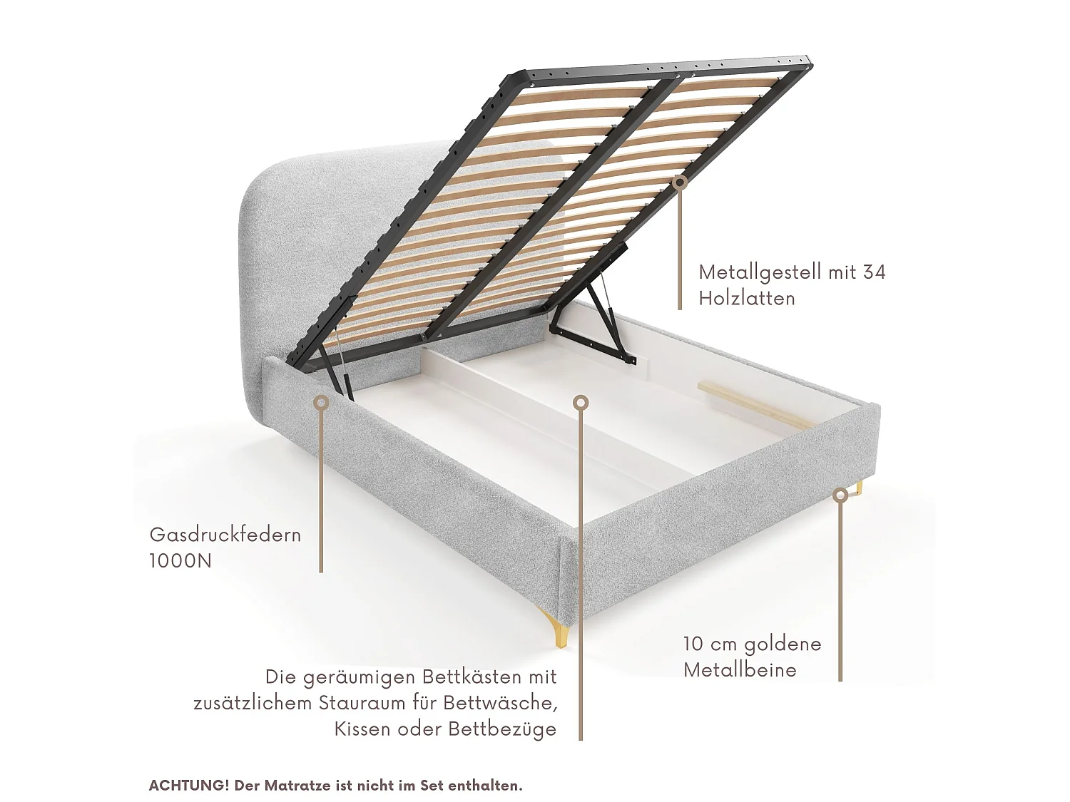 Gestoffeerd bed LANA met opbergruimte 120x200|Tweepersoonsbed|Lattenbodem|Boxspring-look|zonder matras|Slaapkamer-Lichtgrijs