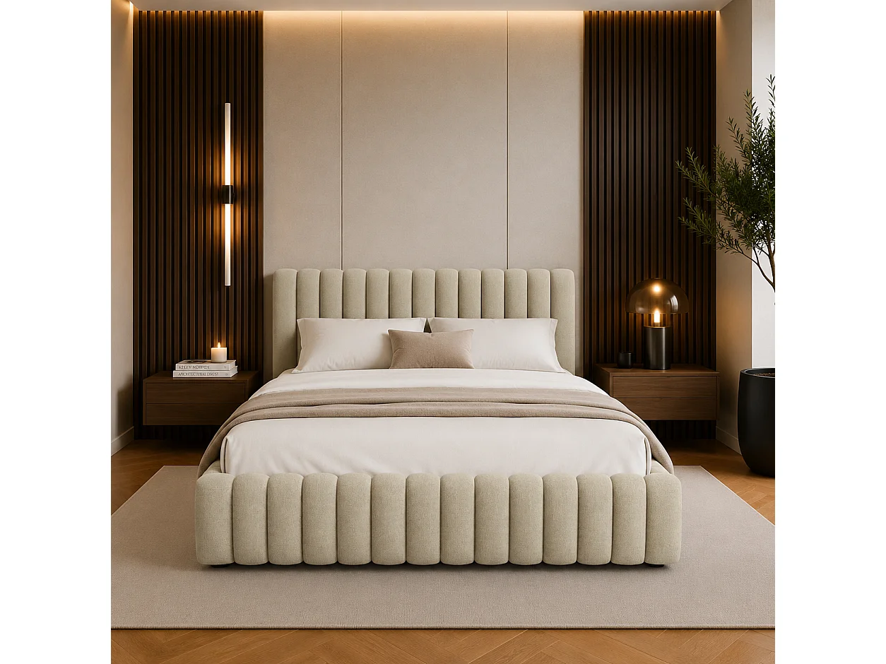 FURNISTAR Lit rembourré BLIVIO 200x200 cm|avec coffre de rangement|Sommier à lattes|Lit double|Aspect lit boxspring-Beige