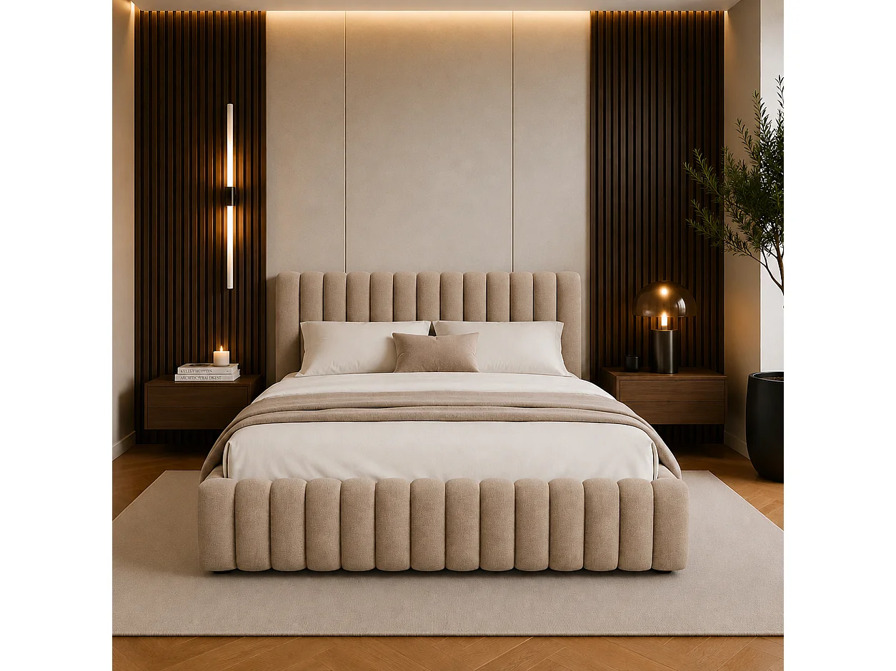 FURNISTAR Gestoffeerd bed BLIVIO 140x200 cm|met opbergruimte|Lattenbodem|Tweepersoonsbed|Boxspring-look-Cappuccino