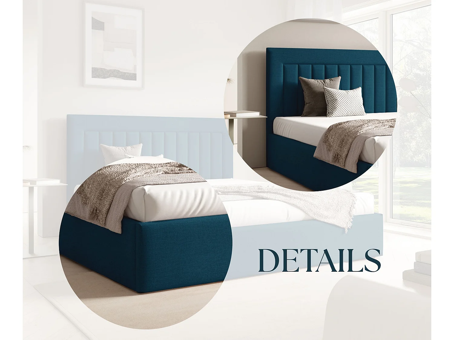 FURNISTAR Gestoffeerd bed BEA I met opbergruimte 160x200 |Tweepersoonsbed met opbergruimte|Lattenbodem|Boxspring-look|zonder matras - Donkerblauw