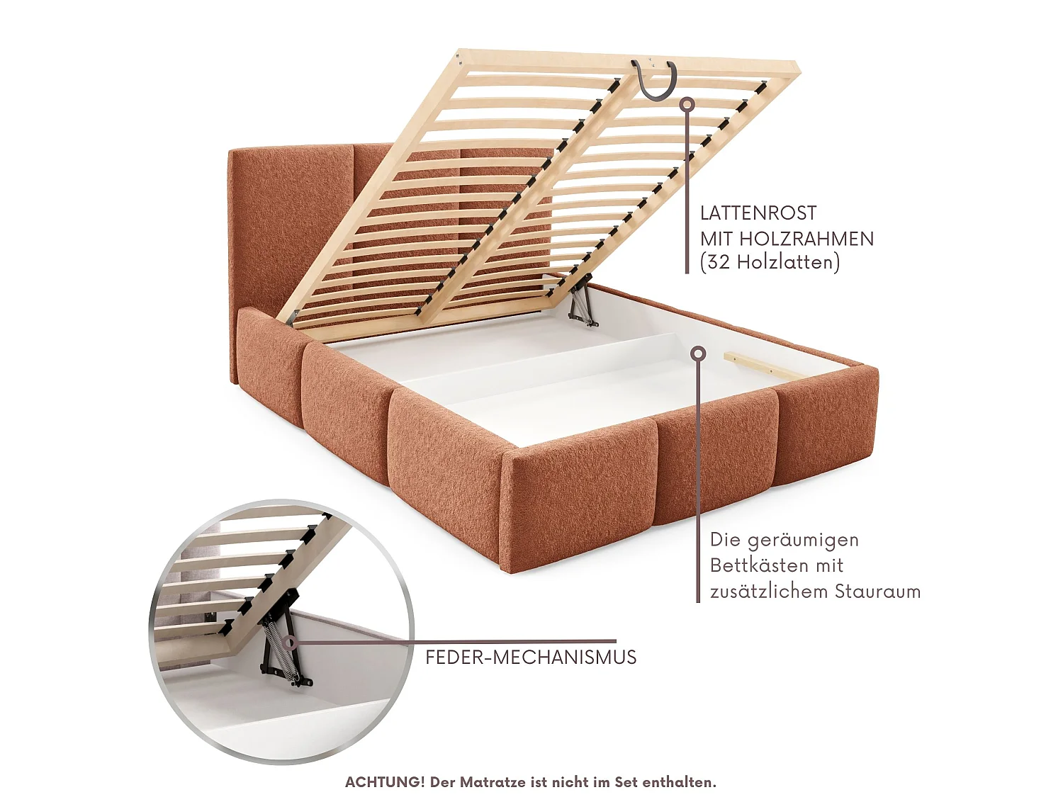 Lit rembourré VALERIO avec coffre de rangement 180x200|Lit double|Sommier à lattes|Aspect lit boxspring|sans matelas|Chambre-Rouge renard