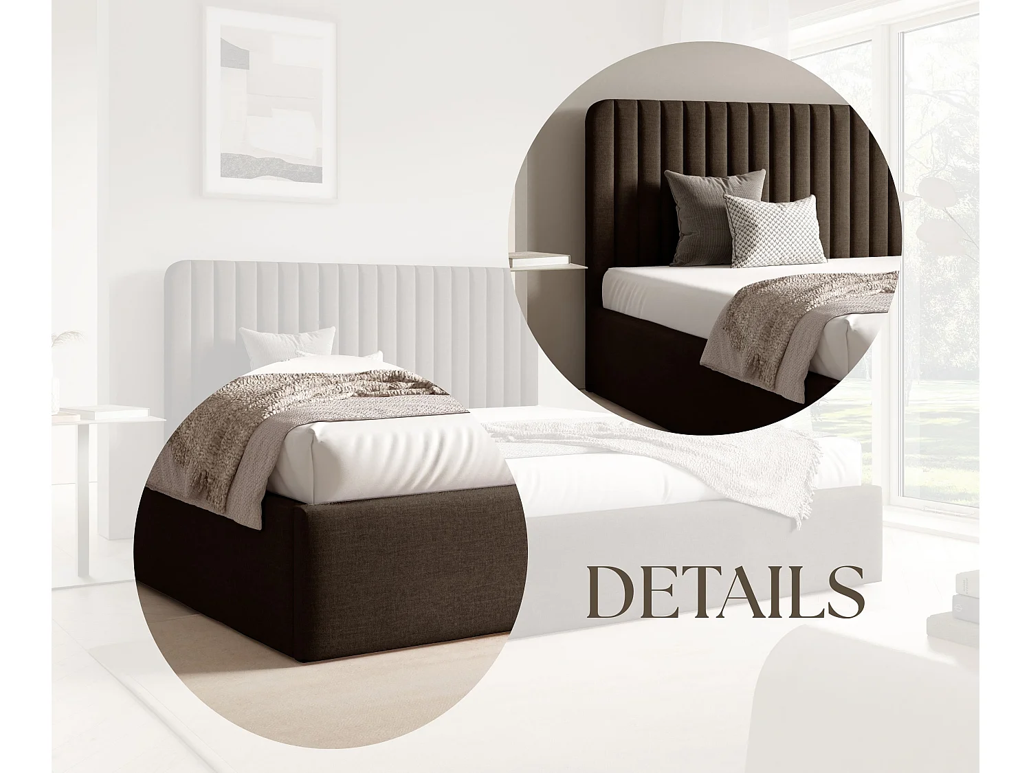 FURNISTAR Lit rembourré BEA II avec coffre de rangement 140x200 |Lit double avec rangement|Sommier à lattes|Aspect lit boxspring|sans matelas - Marron