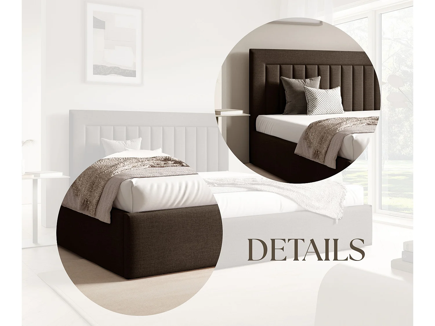 FURNISTAR Gestoffeerd bed BEA I met opbergruimte 180x200 |Tweepersoonsbed met opbergruimte|Lattenbodem|Boxspring-look|zonder matras - Bruin