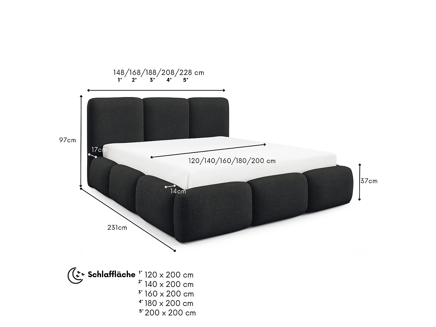 FURNISTAR Gestoffeerd bed BLIVIO 200x200 cm|met opbergruimte|Lattenbodem|Tweepersoonsbed|Boxspring-look-Zwart