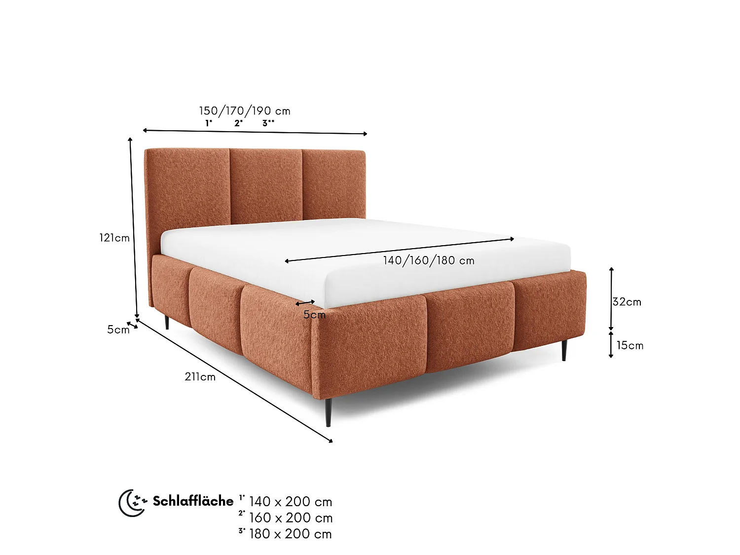 Gestoffeerd bed VALERIO met poten en opbergruimte, bed 160x200|Tweepersoonsbed|Lattenbodem|Boxspring-look|zonder matras|Slaapkamer-Vosrood
