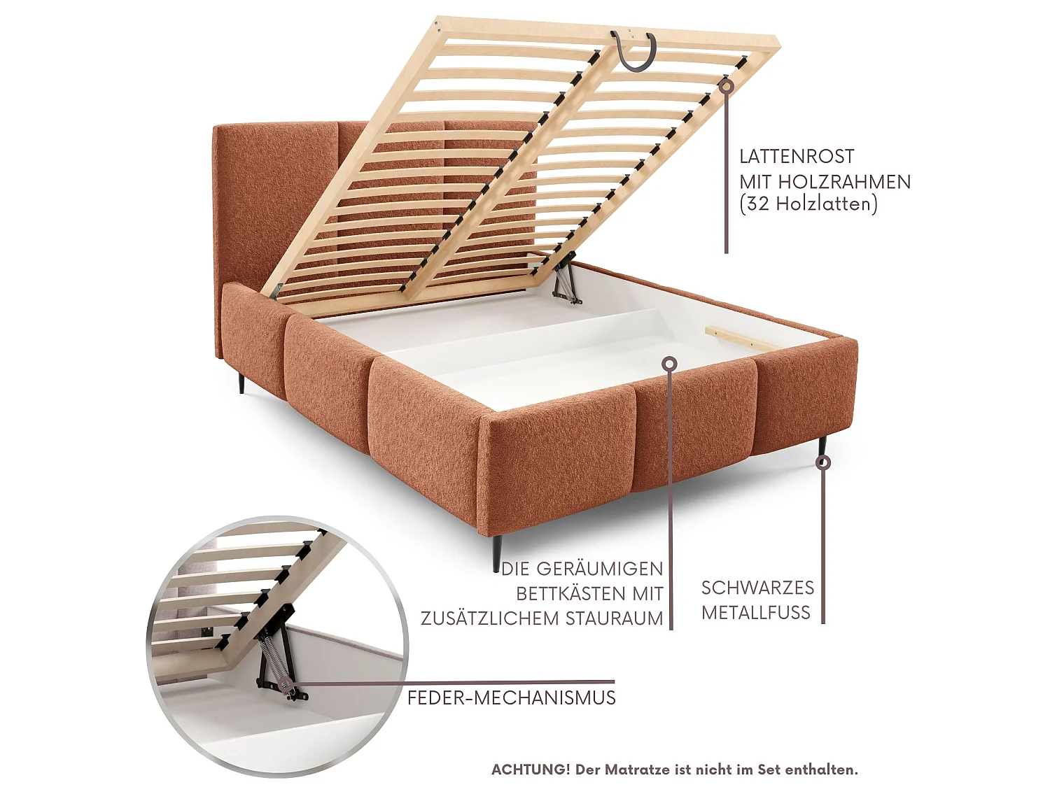 Gestoffeerd bed VALERIO met poten en opbergruimte, bed 160x200|Tweepersoonsbed|Lattenbodem|Boxspring-look|zonder matras|Slaapkamer-Vosrood