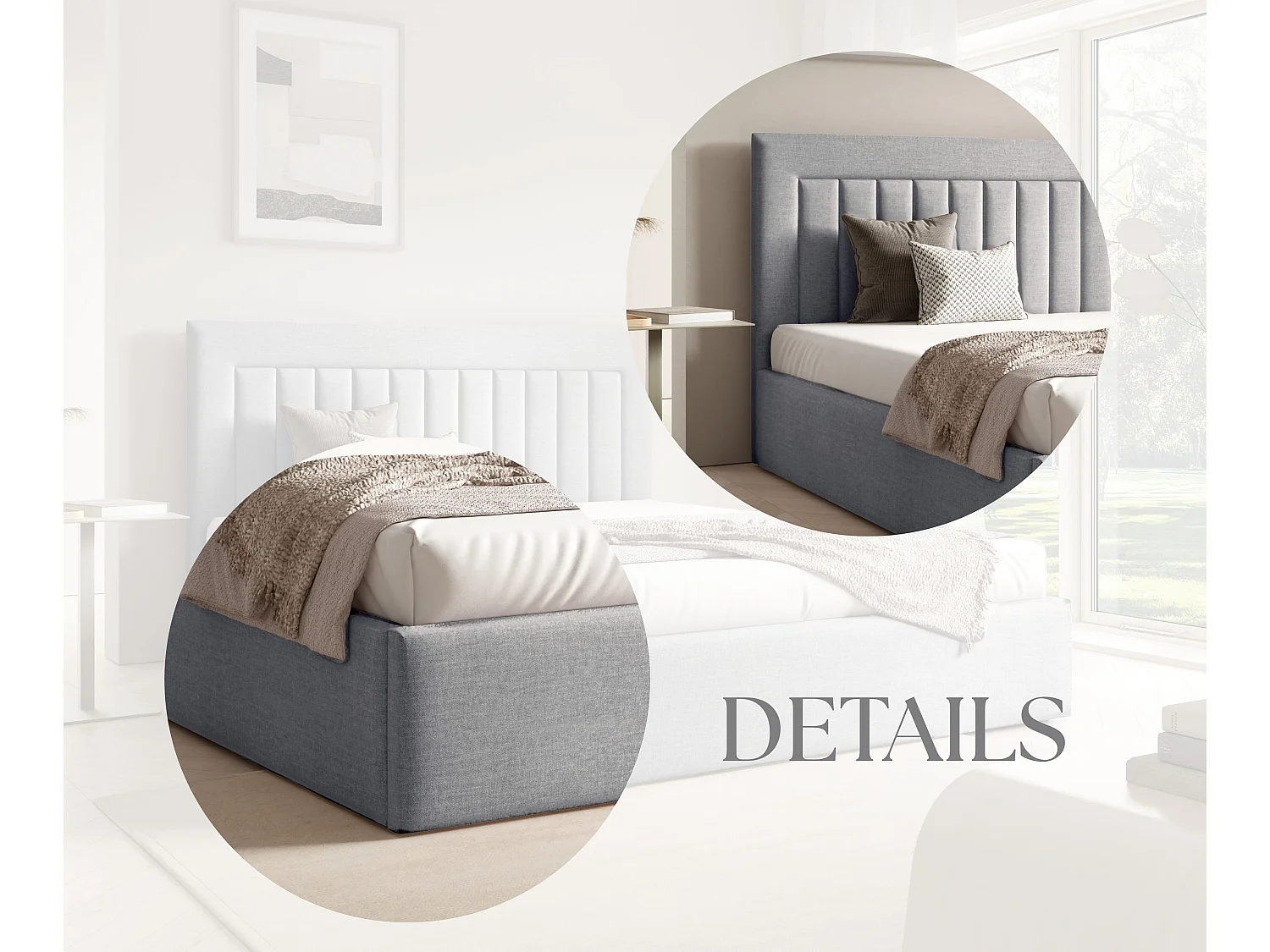 FURNISTAR Gestoffeerd bed BEA I met opbergruimte 140x200 |Tweepersoonsbed met opbergruimte|Lattenbodem|Boxspring-look|zonder matras - Lichtgrijs