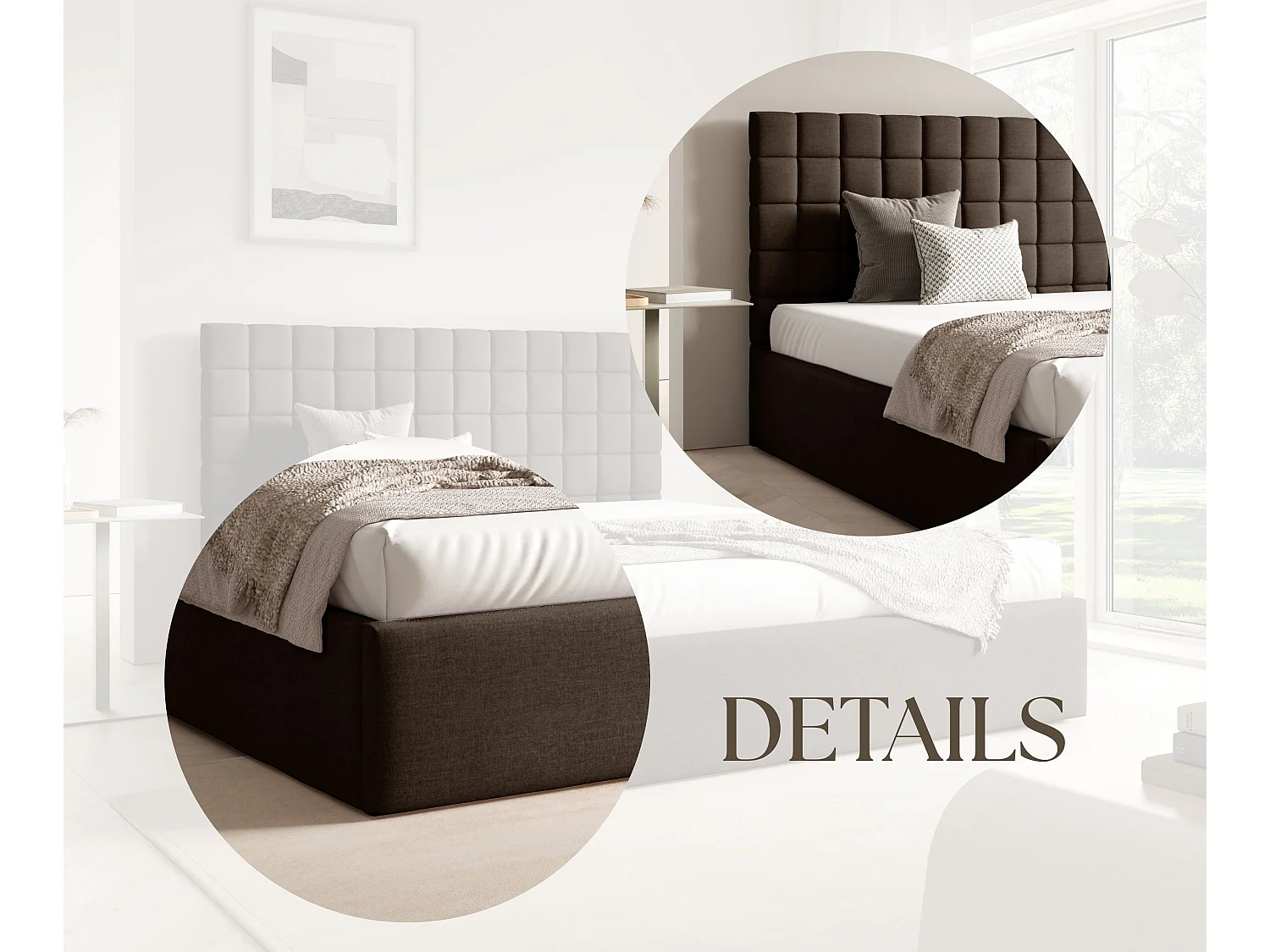 FURNISTAR Lit rembourré BEA III avec coffre de rangement 160x200 |Lit double avec rangement|Sommier à lattes|Aspect lit boxspring|sans matelas - Marron