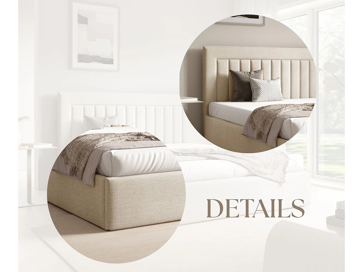 FURNISTAR Gestoffeerd bed BEA I met opbergruimte 160x200 |Tweepersoonsbed met opbergruimte|Lattenbodem|Boxspring-look|zonder matras - Crème