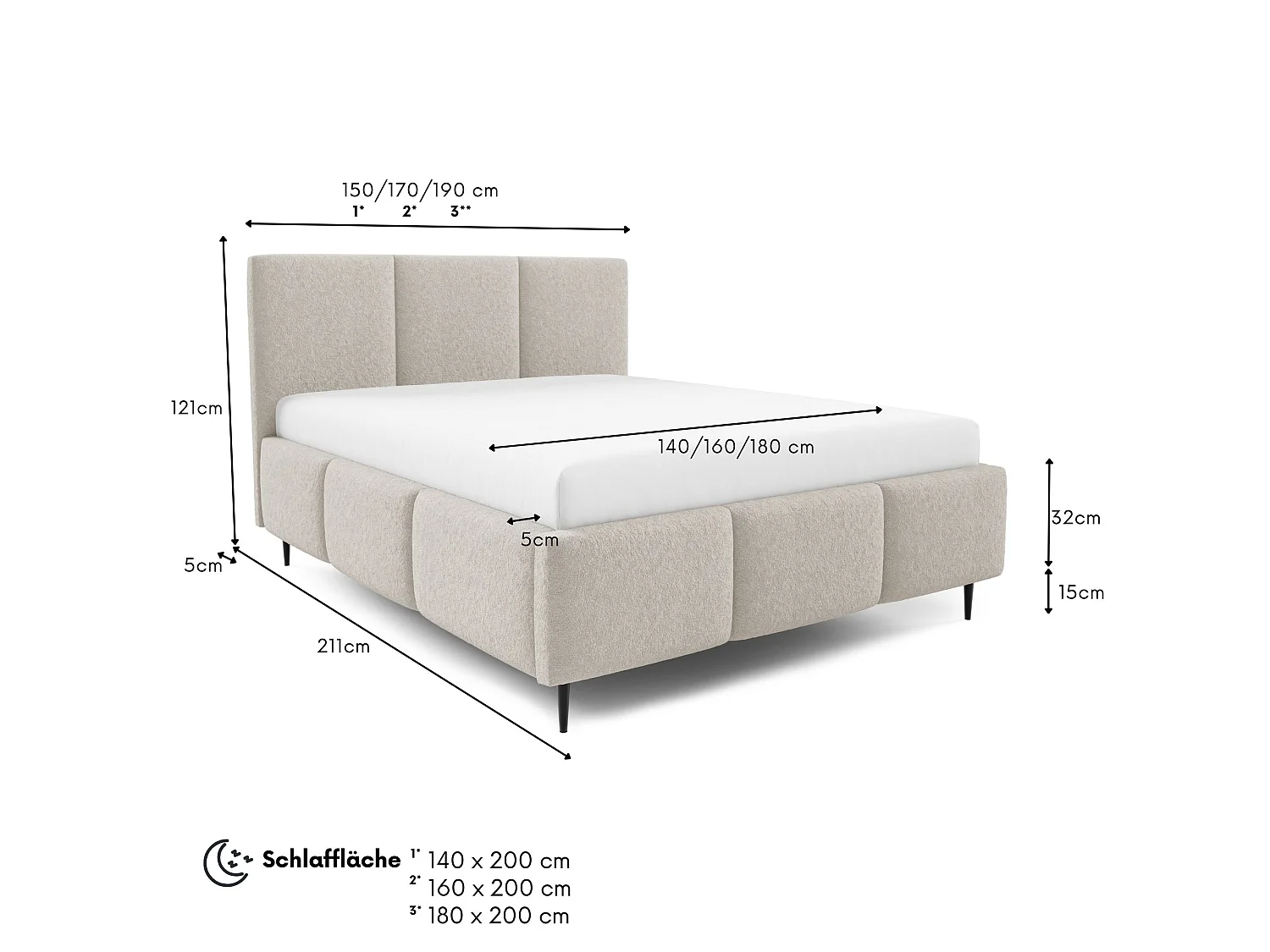 Gestoffeerd bed VALERIO met poten en opbergruimte, bed 160x200|Tweepersoonsbed|Lattenbodem|Boxspring-look|zonder matras|Slaapkamer-Beige