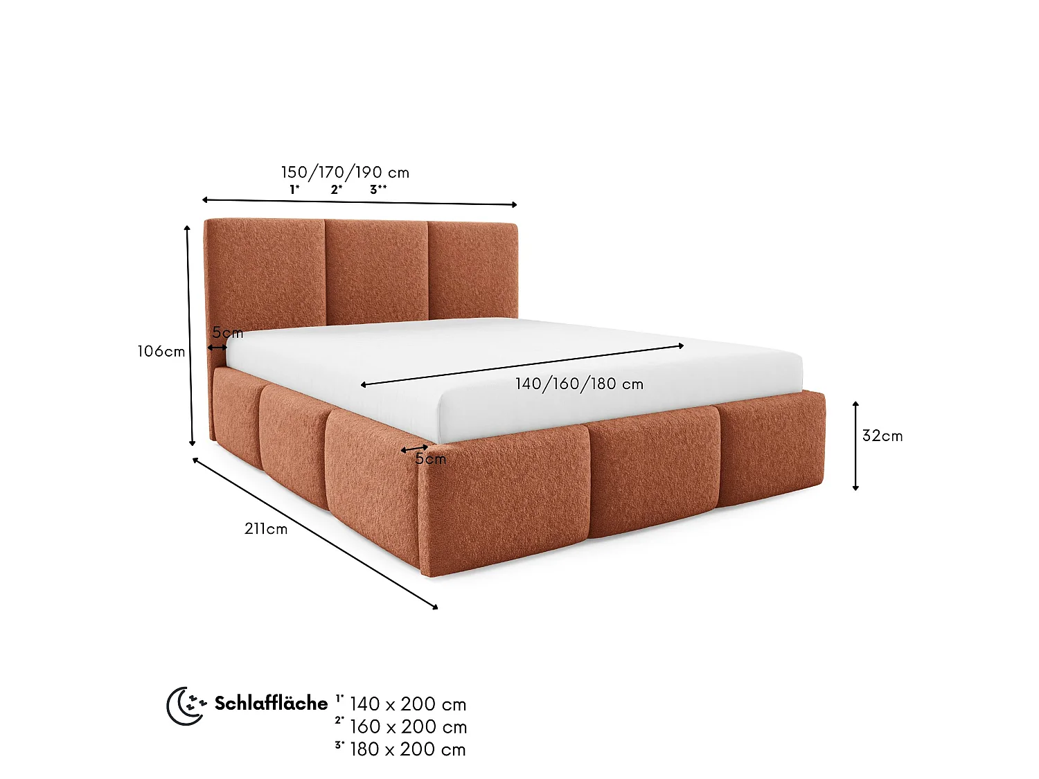 Lit rembourré VALERIO avec coffre de rangement 140x200|Lit double|Sommier à lattes|Aspect lit boxspring|sans matelas|Chambre-Rouge renard