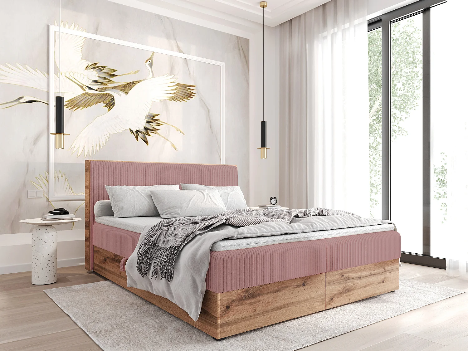 Boxspringbed TILIA-200x200cm Opbergbakken|Topper|Tweepersoonsbed|Bonellmatras|Ribstof|Gestoffeerd bed|Wotan plaat-Roze