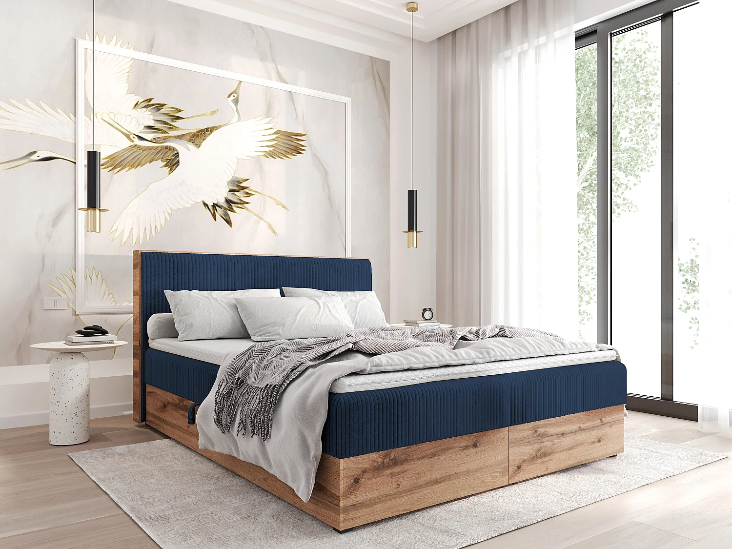 Boxspringbed TILIA-140x200cm Opbergbakken|Topper|Tweepersoonsbed|Bonellmatras|Ribstof|Gestoffeerd bed|Wotan plaat-Donkerblauw