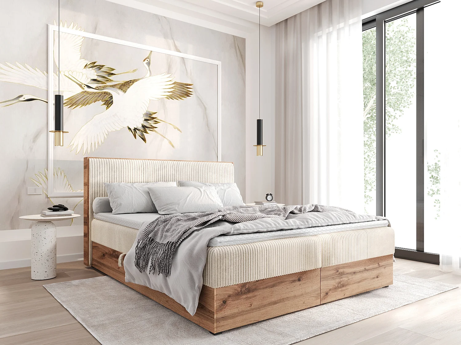 Boxspringbed TILIA-160x200cm Opbergbakken|Topper|Tweepersoonsbed|Bonellmatras|Ribstof|Gestoffeerd bed|Wotan plaat-Beige