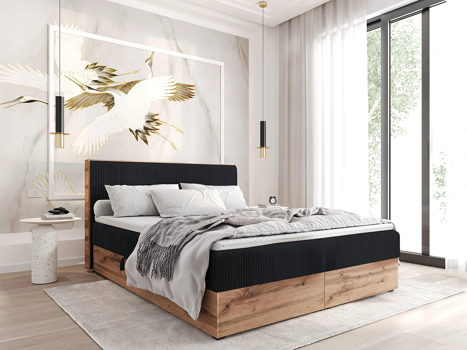 Boxspringbed TILIA-140x200cm Opbergbakken|Topper|Tweepersoonsbed|Bonellmatras|Ribstof|Gestoffeerd bed|Wotan plaat-Zwart