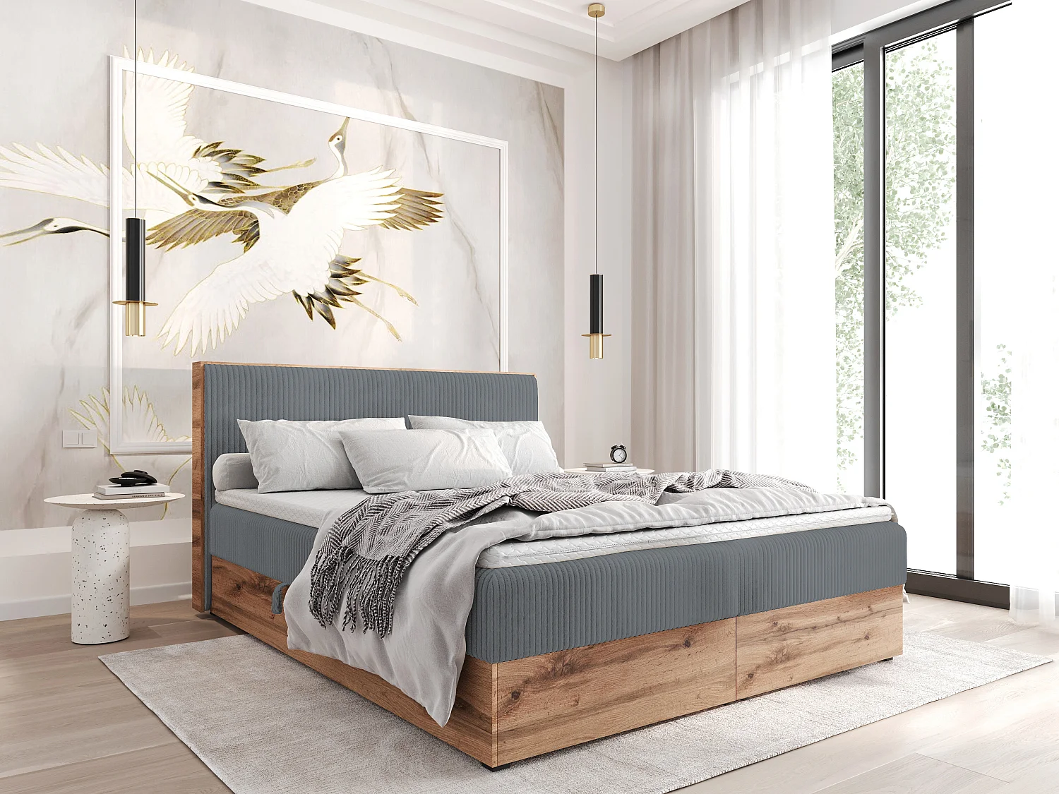 Boxspringbed TILIA-180x200cm Opbergbakken|Topper|Tweepersoonsbed|Bonellmatras|Ribstof|Gestoffeerd bed|Wotan plaat-Grijs