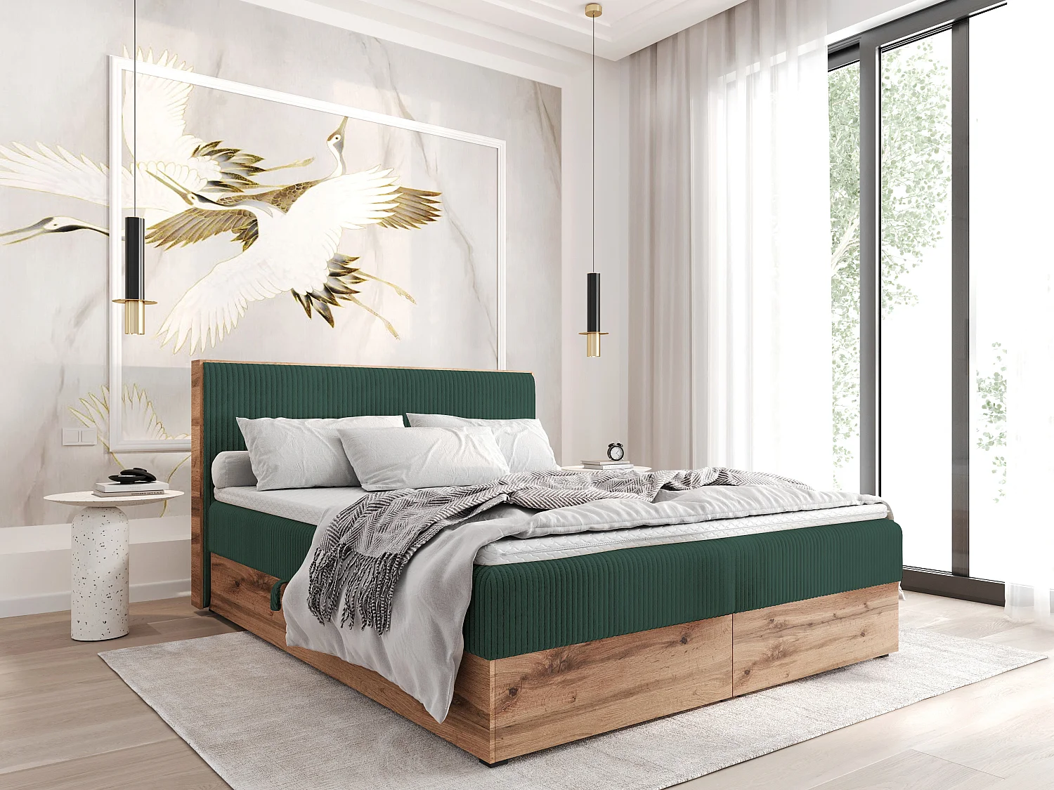 Boxspringbed TILIA-200x200cm Opbergbakken|Topper|Tweepersoonsbed|Bonellmatras|Ribstof|Gestoffeerd bed|Wotan plaat-Donkergroen