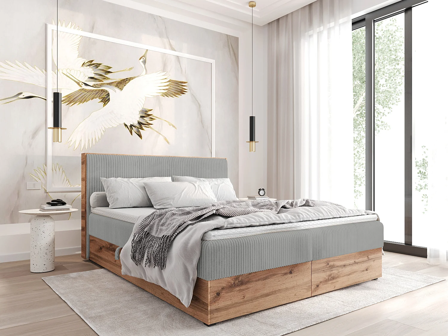 Boxspringbed TILIA-160x200cm Opbergbakken|Topper|Tweepersoonsbed|Bonellmatras|Ribstof|Gestoffeerd bed|Wotan plaat-Lichtgrijs