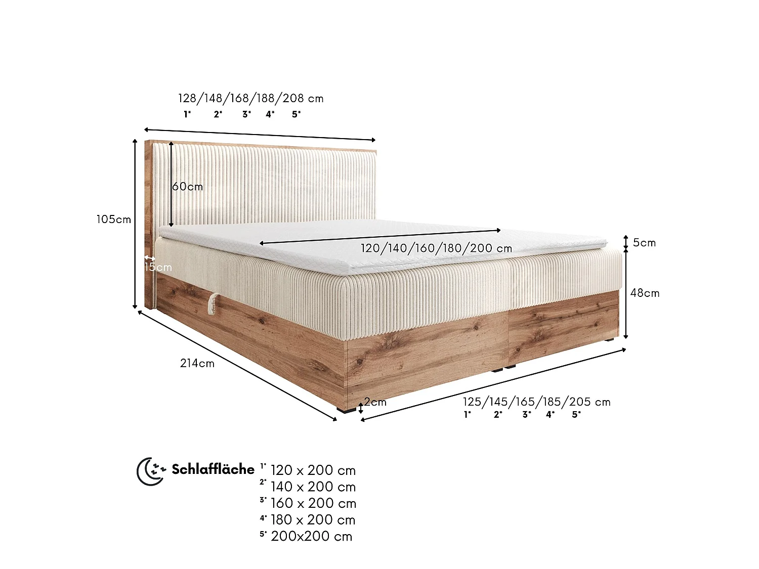 Boxspringbed TILIA-160x200cm Opbergbakken|Topper|Tweepersoonsbed|Bonellmatras|Ribstof|Gestoffeerd bed|Wotan plaat-Cappuccino