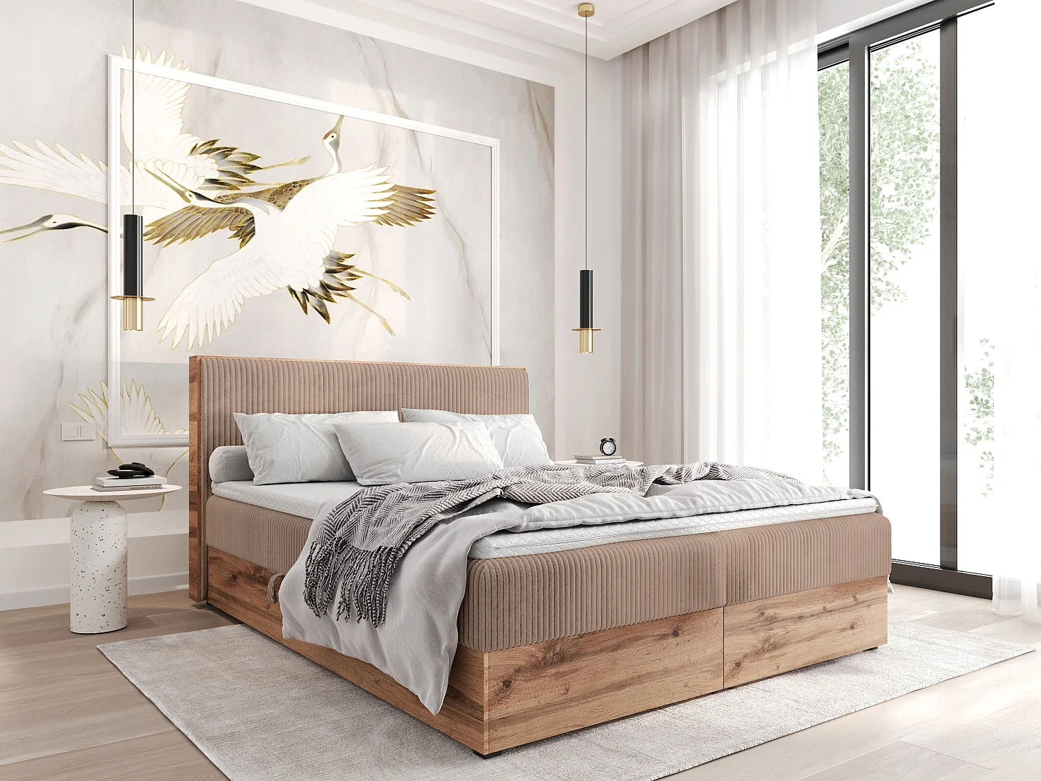 Boxspringbed TILIA-160x200cm Opbergbakken|Topper|Tweepersoonsbed|Bonellmatras|Ribstof|Gestoffeerd bed|Wotan plaat-Cappuccino