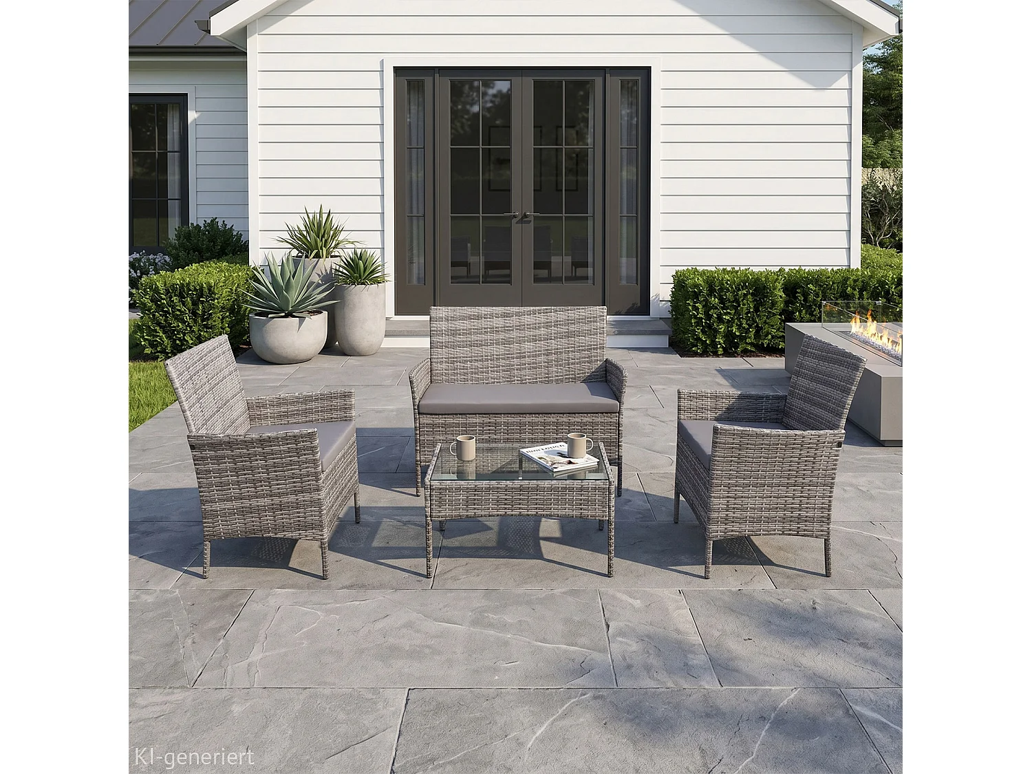 Ensemble de jardin SVITA BROOKLYN 4 pièces avec housse en polyrotin coussins gris