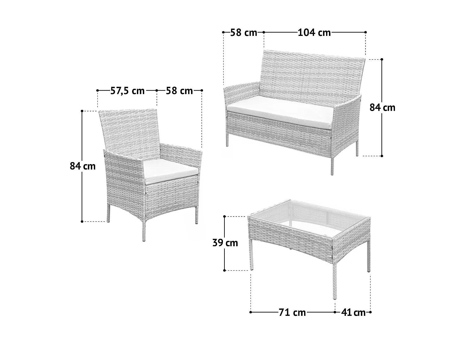 Ensemble de jardin SVITA BROOKLYN 4 pièces avec housse en polyrotin coussins gris