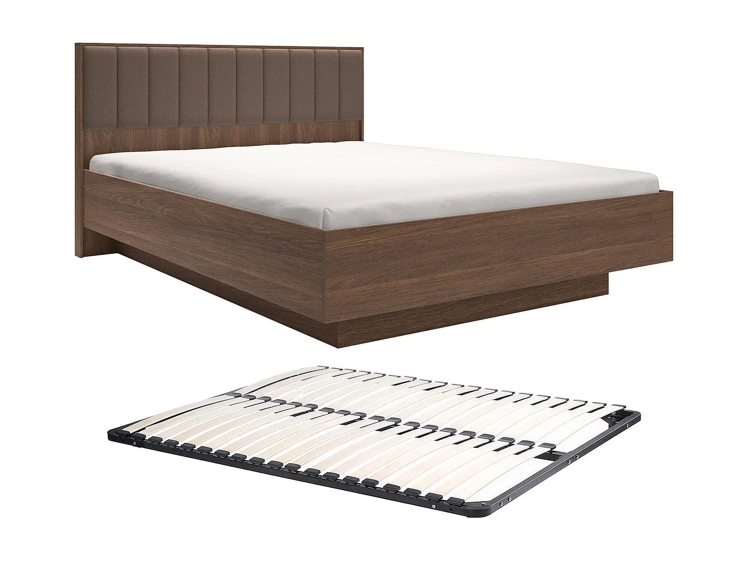 Lit 160 x 200 cm avec tête de lit en tissu - Coloris : Naturel foncé et marron + Sommier - KALSIYA