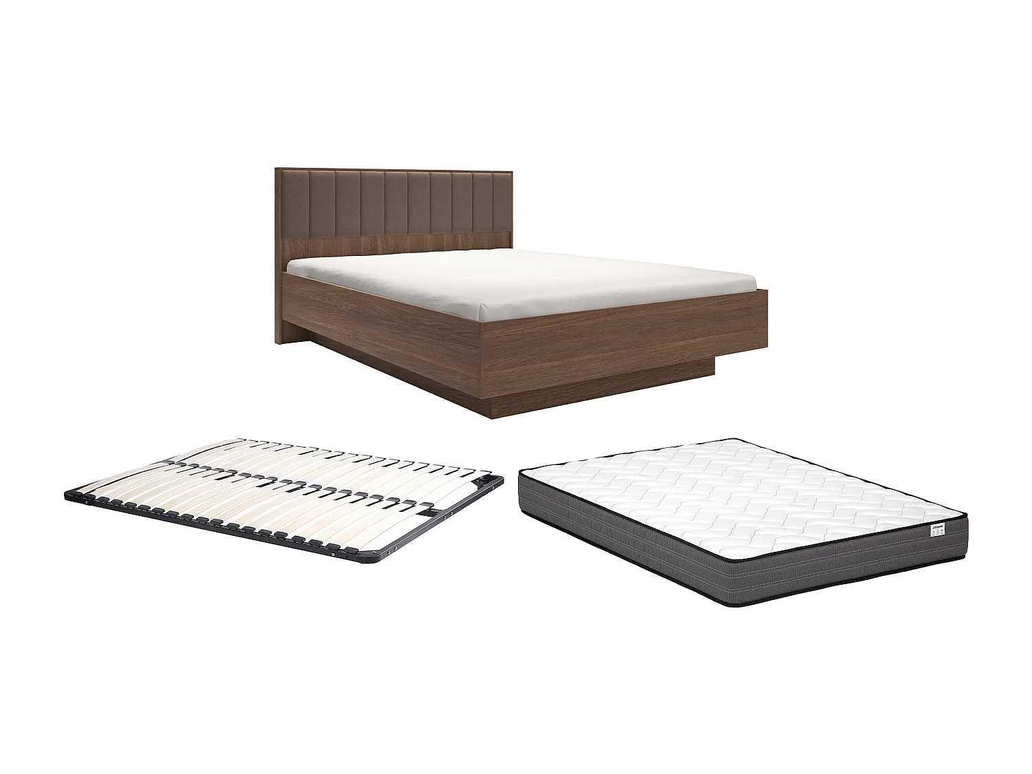 Lit 160 x 200 cm avec tête de lit en tissu - Coloris : Naturel foncé et marron + Sommier + Matelas - KALSIYA