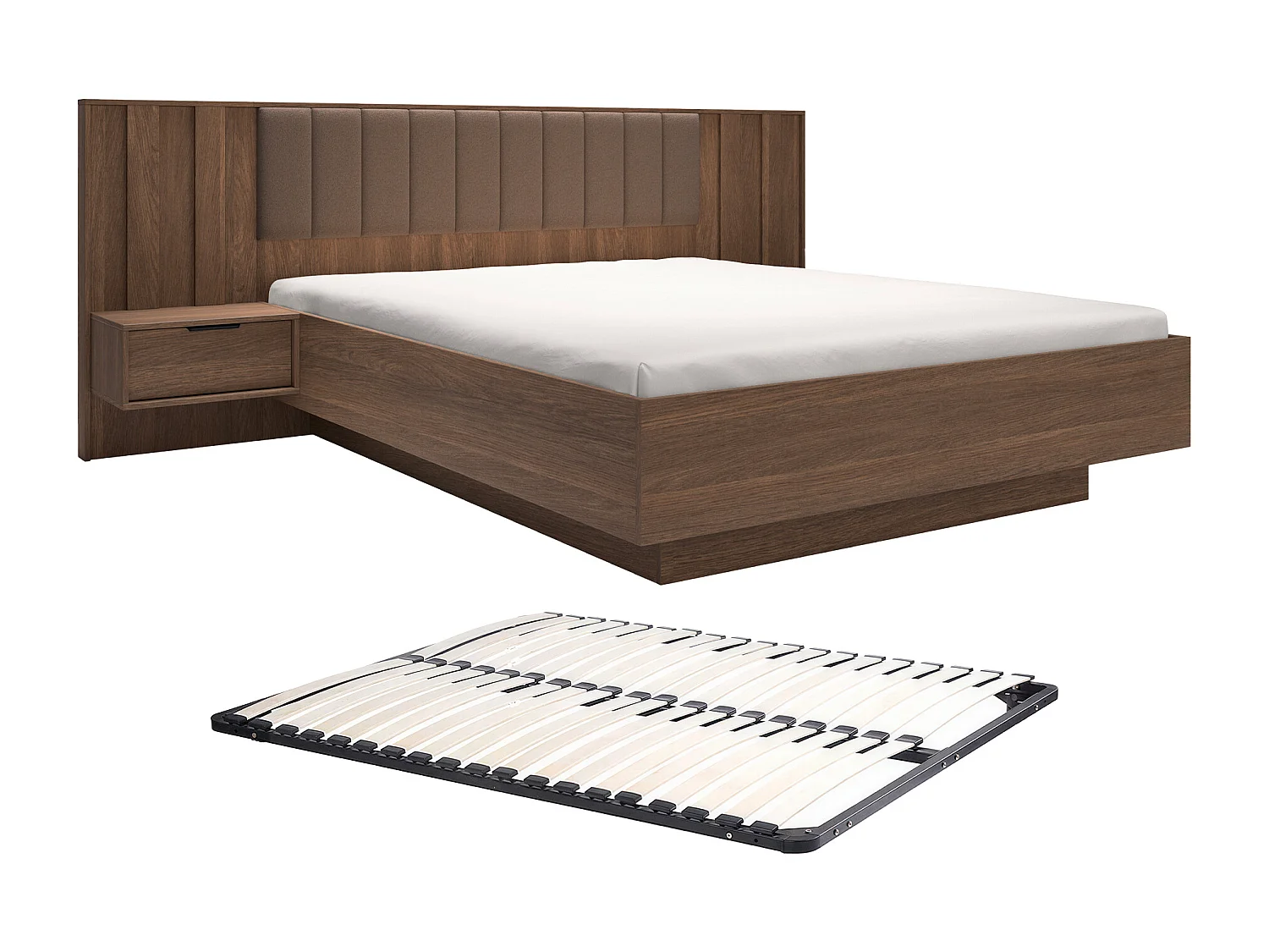 Lit avec chevets 160 x 200 cm et tête de lit en tissu - Coloris : Naturel foncé et marron + Sommier - KALSIYA
