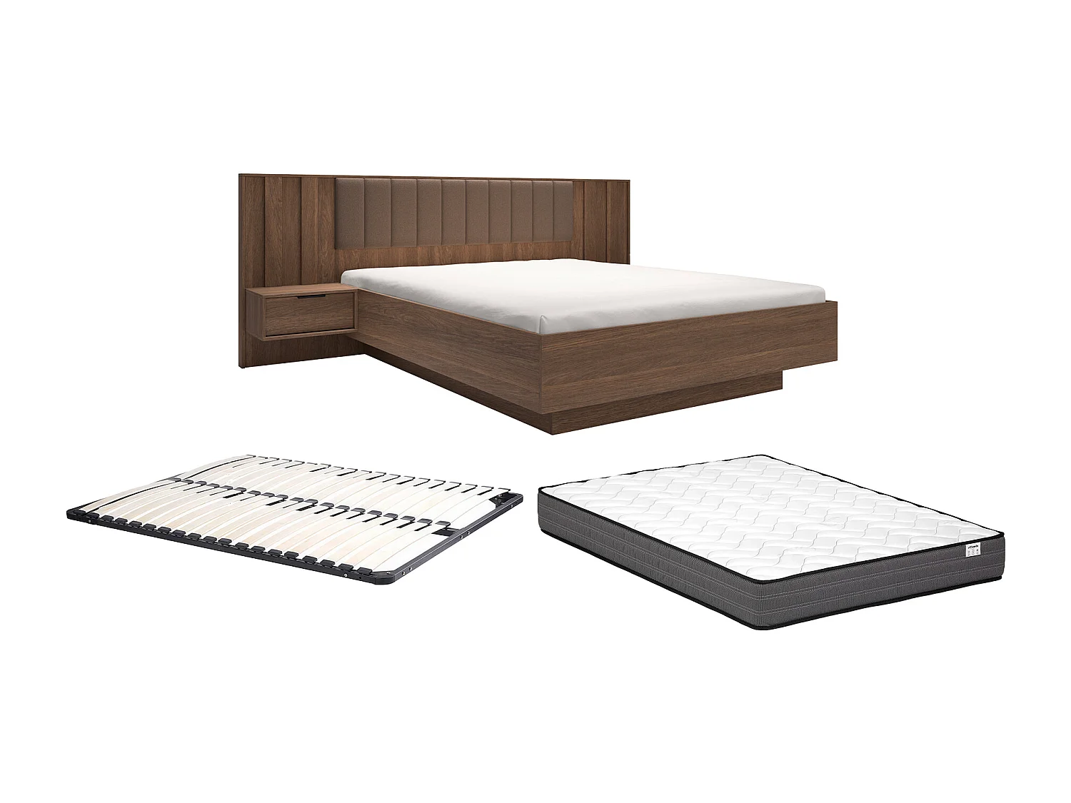 Bed met nachtkastjes 160 x 200 cm en hoofdbord in stof - Kleur: natuurlijk donker en bruin + lattenbodem + matras - KALSIYA