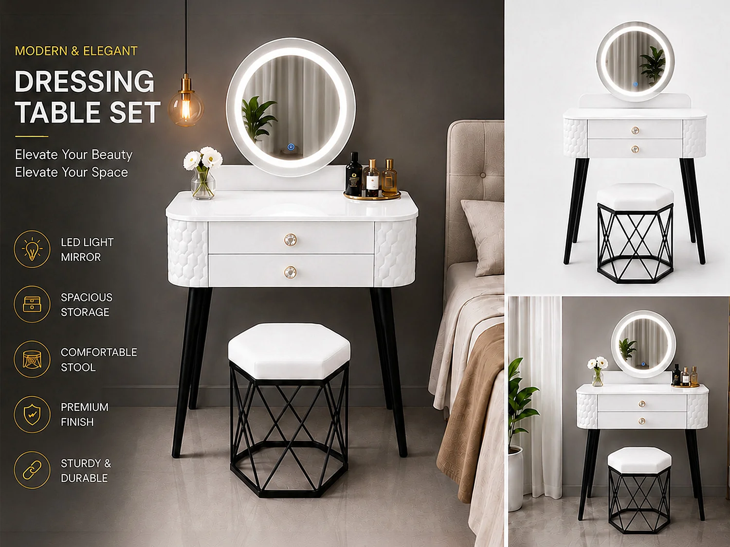 Dressing Table with LED Mirror, Storage Drawer & Makeup Vanity Desk - white W60 - Bella