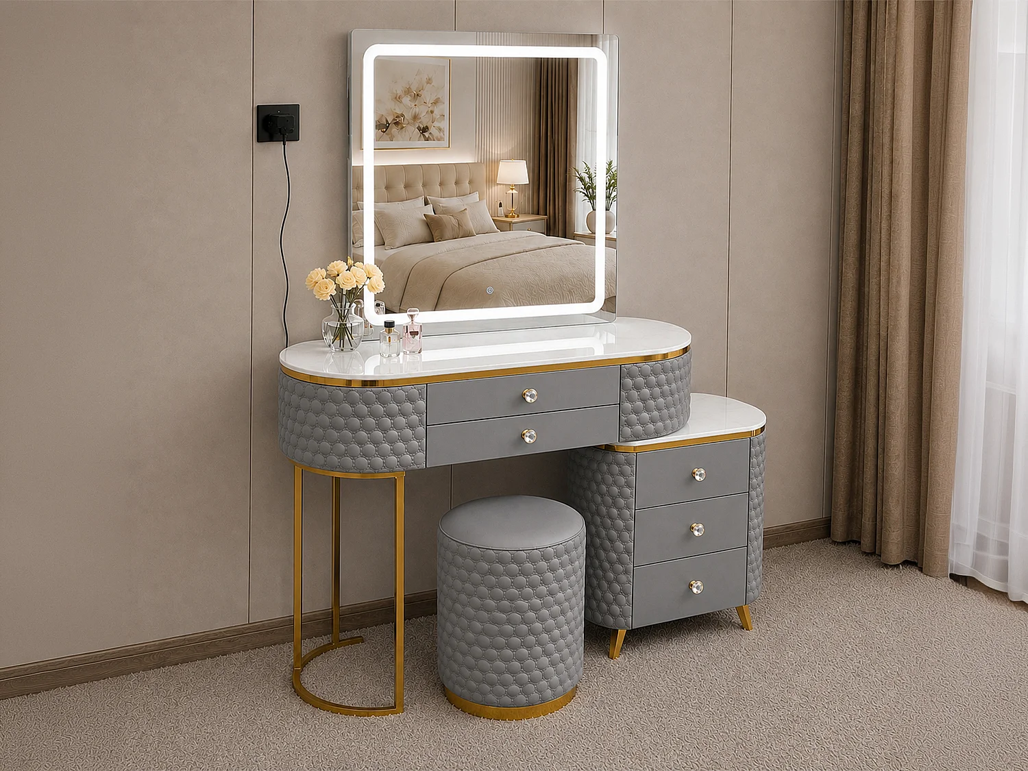 Dressing Table with LED Mirror and 5 Drawers Storage - grey W130  - Lumera
