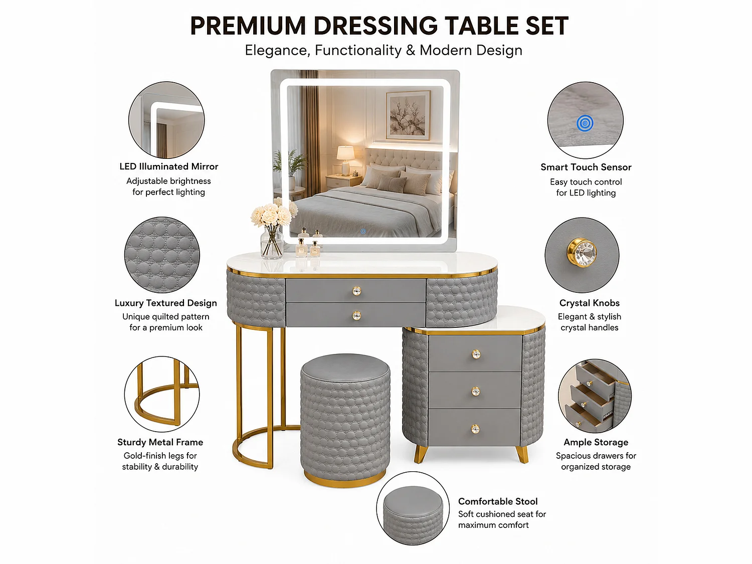 Dressing Table with LED Mirror and 5 Drawers Storage - grey W130  - Lumera