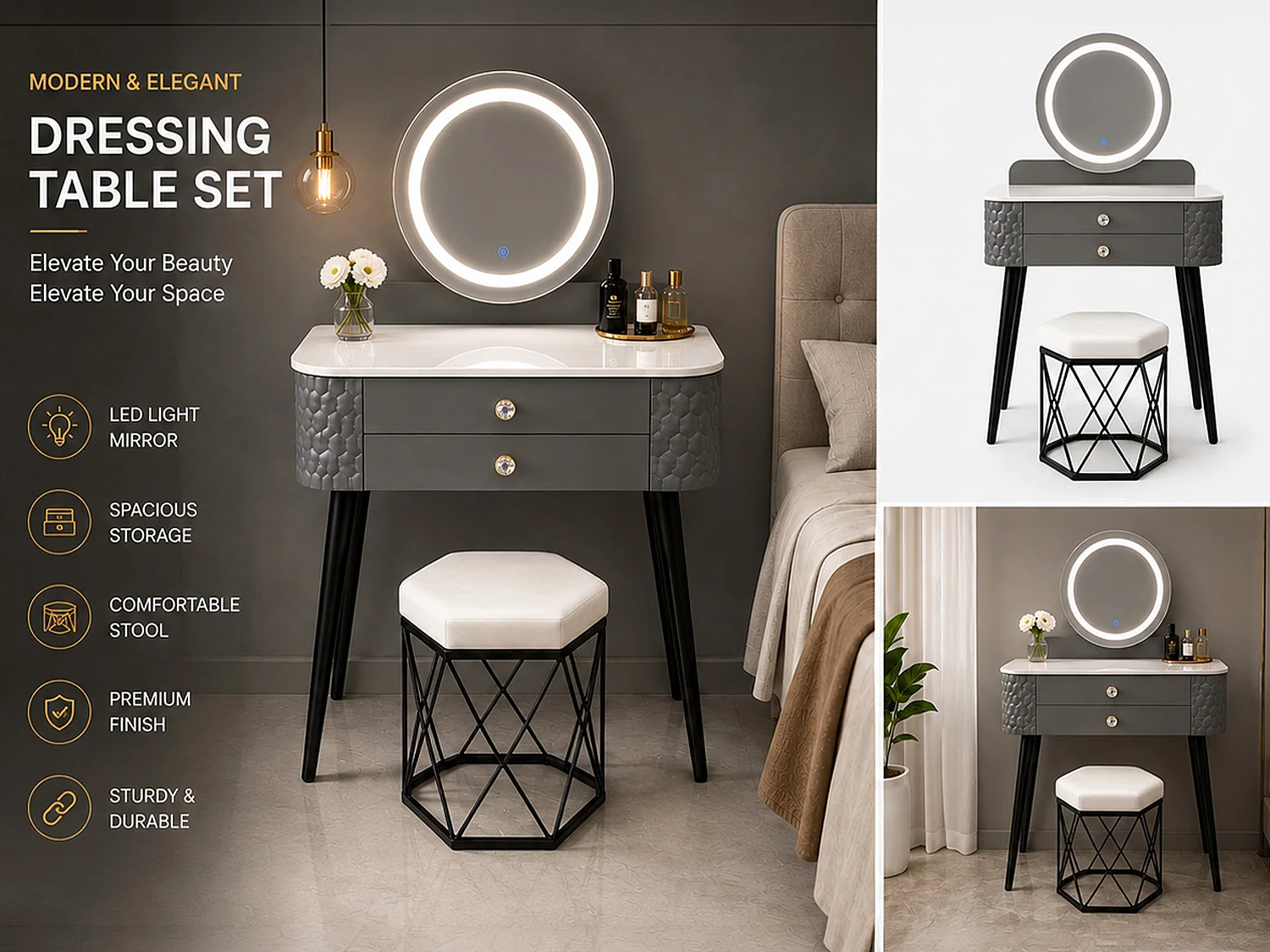 Dressing Table with LED Mirror, Storage Drawer & Makeup Vanity Desk - grey W60 - Bella