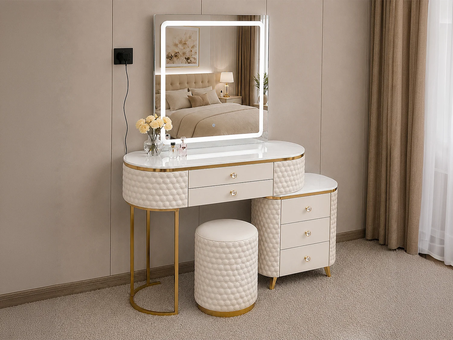 Dressing Table with LED Mirror and 5 Drawers Storage - beige W130  - Lumera