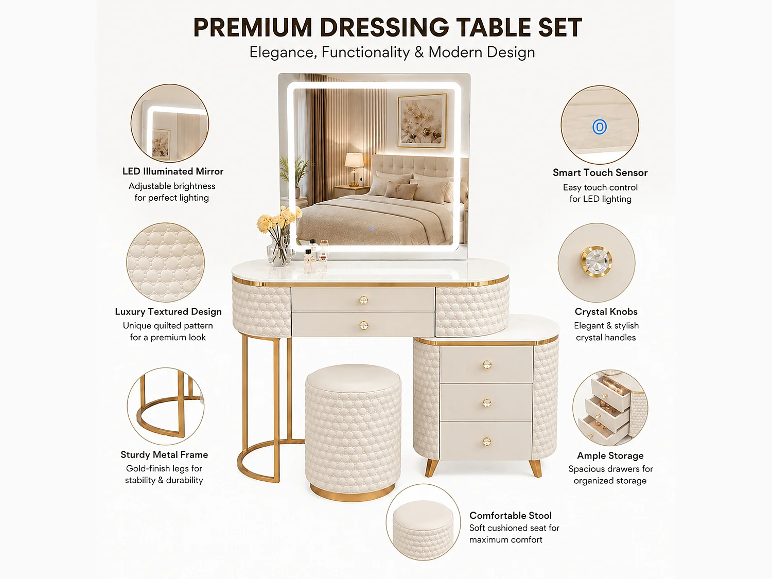 Dressing Table with LED Mirror and 5 Drawers Storage - beige W130  - Lumera