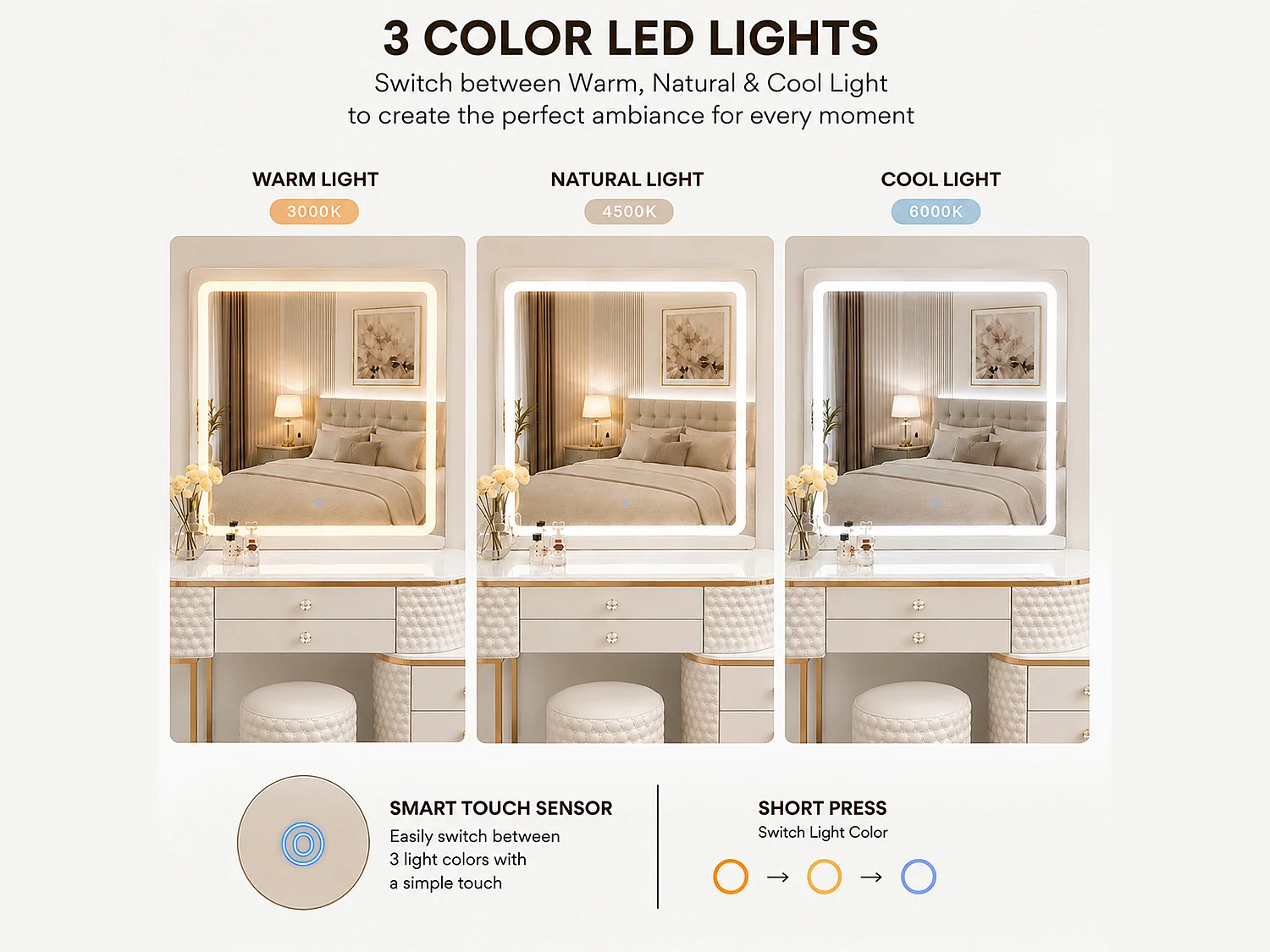 Dressing Table with LED Mirror and 5 Drawers Storage - beige W130  - Lumera