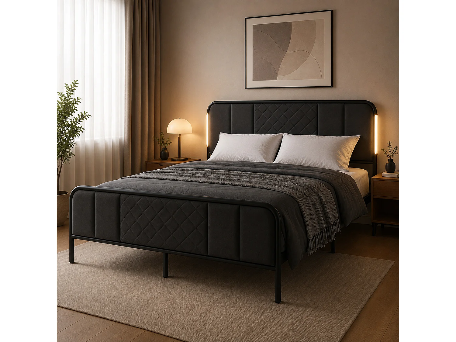 LED Bed Frame Diamond Quilted Headboard No Box Spring, Single - grey