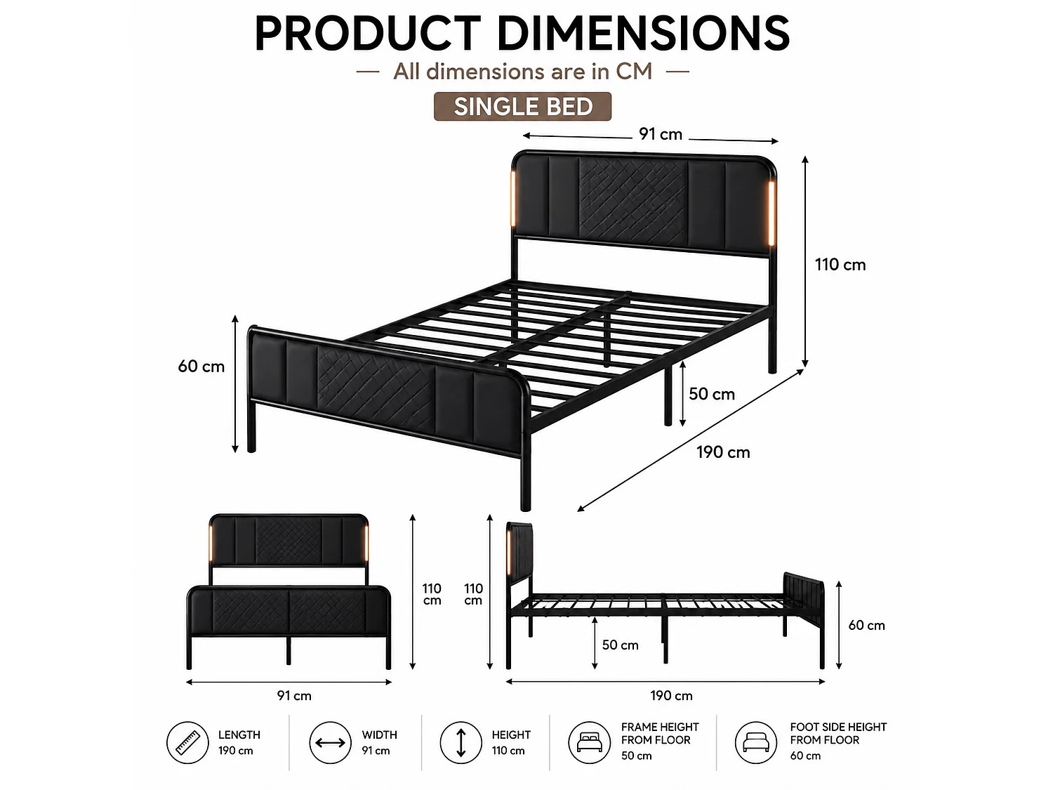 LED Bed Frame Diamond Quilted Headboard No Box Spring, Single - grey